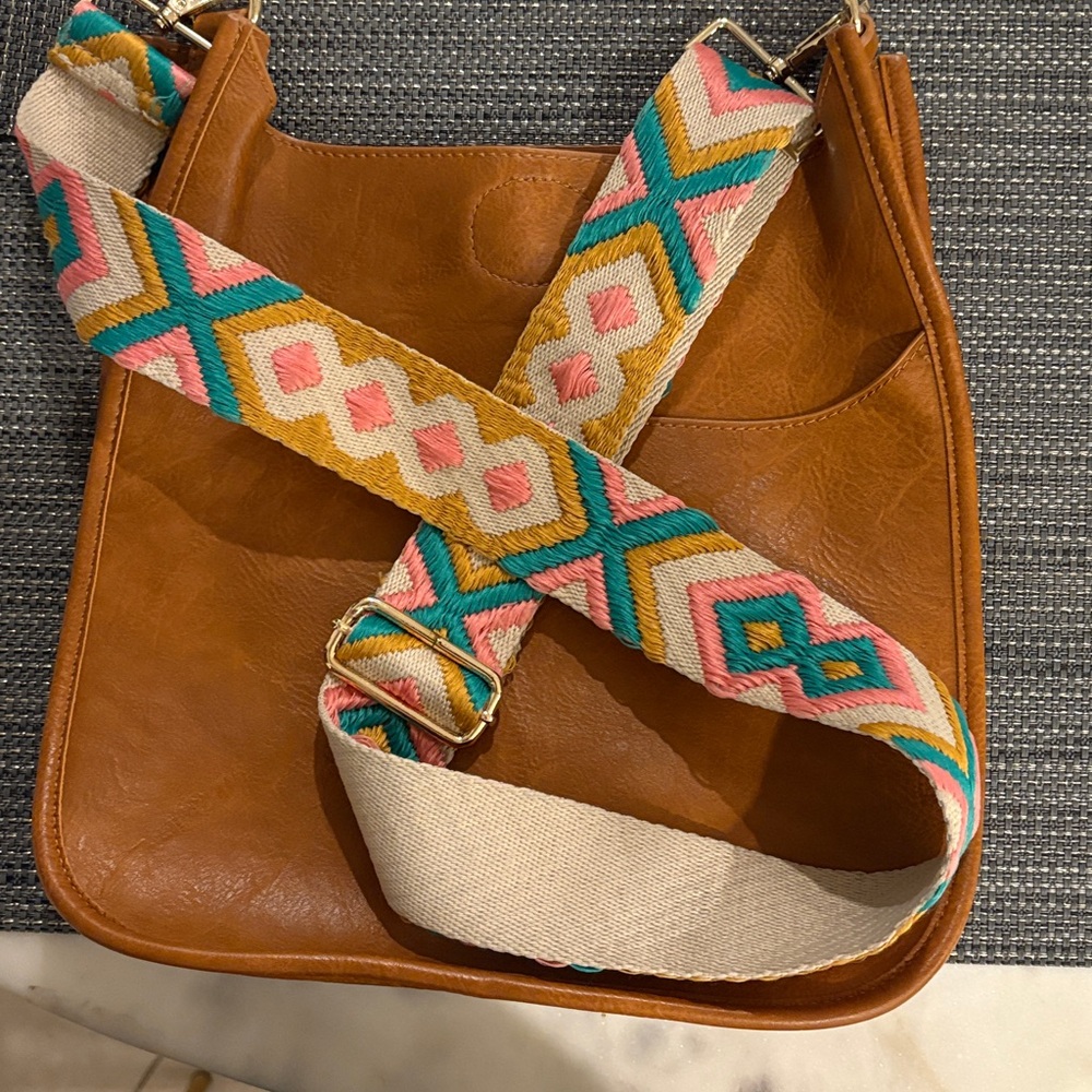 Social Threads Vegan Leather Brown Crossbody Bag with Colorful Strap- worn once